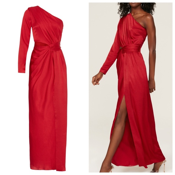 ML Monique Lhuillier One Shoulder Satin Gown Red Maxi Dress Long Sleeve - Size 2 - Picture 1 of 13